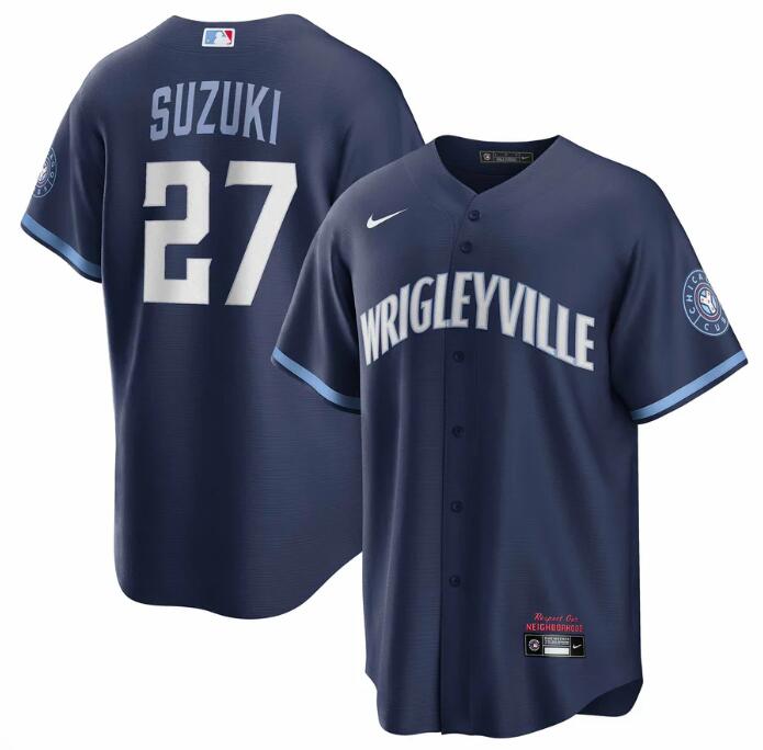 Men's Chicago Cubs #27 Seiya Suzuki Navy City Connect Cool Base Stitched Baseball Jersey